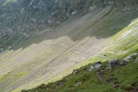 The scree slope of Tschingel with two walkers