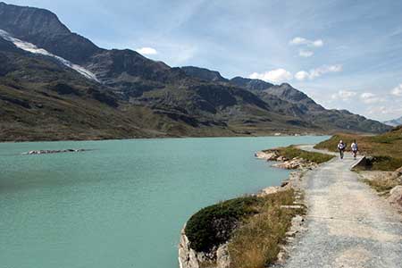 Easy walking along the shores of Lago Bianco