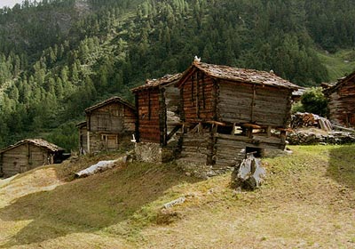 Wooden hay barns above Zermatt
